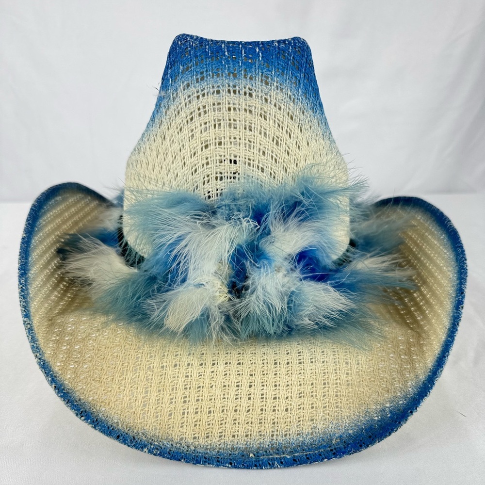 Los Vaqueros Blue Straw Hat with Feathers